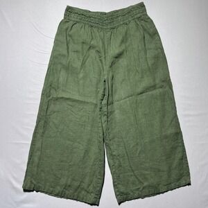 Anthropologie Pants Womens Large Green 100% Linen Wide Leg Cropped Pull On‎